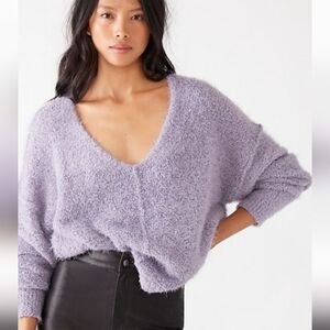 Free People Icing V-Neck Pullover Sweater Fuzzy Slouchy Purple XS